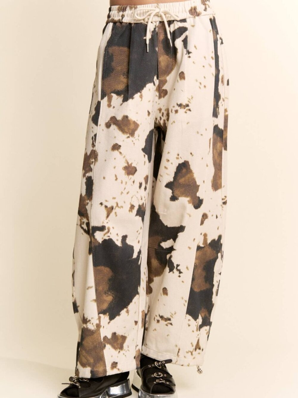 BNWT DAVI & DANI Cow Print Wide-Leg Drawstring Hem Pants